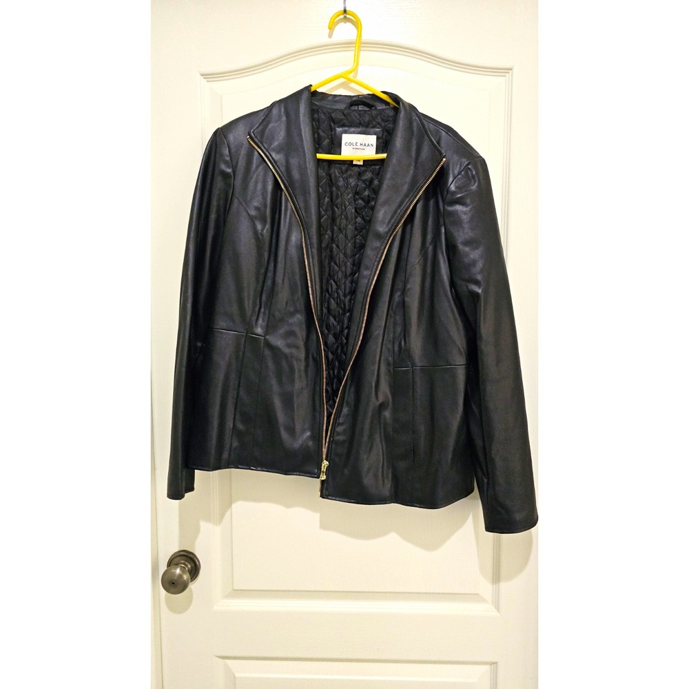 Cole Haan Signature Women's Black Faux Leather Jacket, Full Zip, Lined, 2XL
